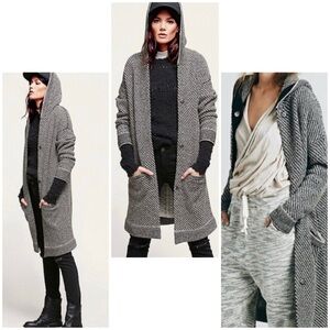 Free People Black and Gray Hooded Cardigan